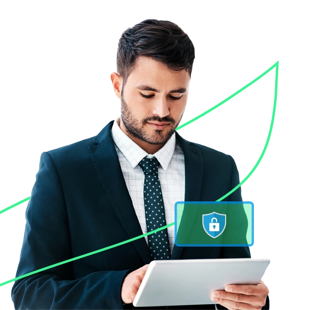<br />
A man in a suit looks at a tablet with a padlock icon, symbolizing the security measures to ensure secure payments.