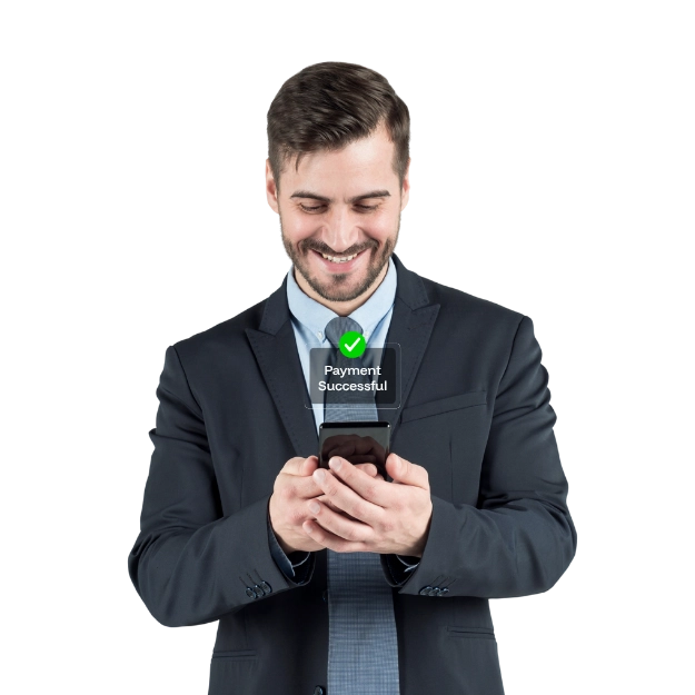 A smiling businessman looking at his phone with a "Payment Successful" notification confirms the efficiency and security of Quick and Secure eCheck Transactions.
