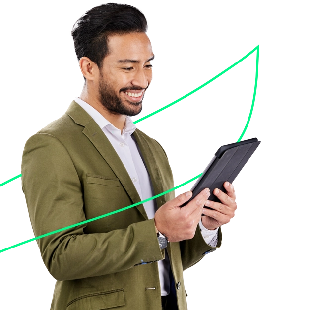 <br />
Connects with Top Accounting Software: A smiling man in a green blazer looks down at a tablet he's holding, with a green upward trending graph in the background.