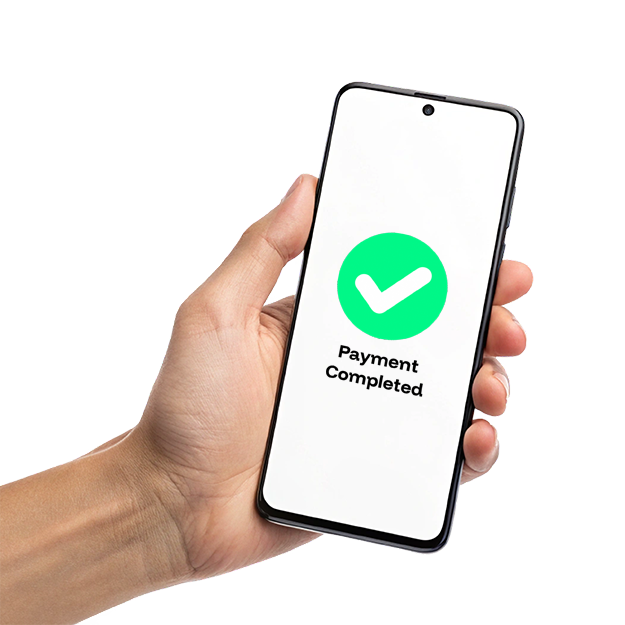 A Hand Holding a Phone Screen Shows a Payment Completion Tick. Track Personal Finance Effortlessly. Categorize Transactions Automatically