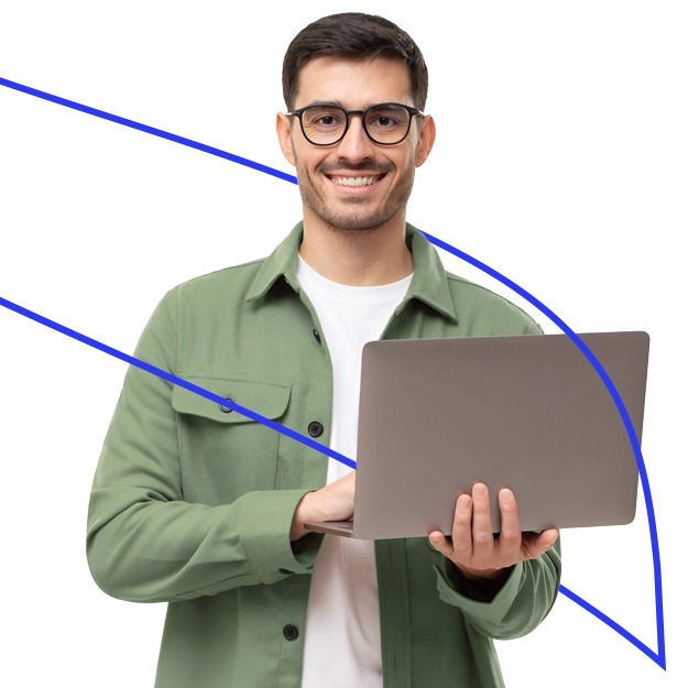 <br />
Seamless Cross-Platform Support: A smiling man in glasses and a green shirt holds a laptop, with blue lines indicating connectivity in the background.