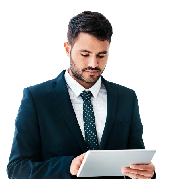 Simplified Financial Control <br />
A focused businessman in a suit looks at a tablet, symbolizing the convenience and efficiency of simplified financial control.