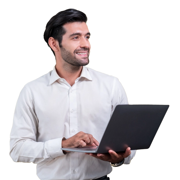 A Man Using A Laptop to Make Payment Easily. Print Your Own Checks Instantly Online. Any Printer Yourself