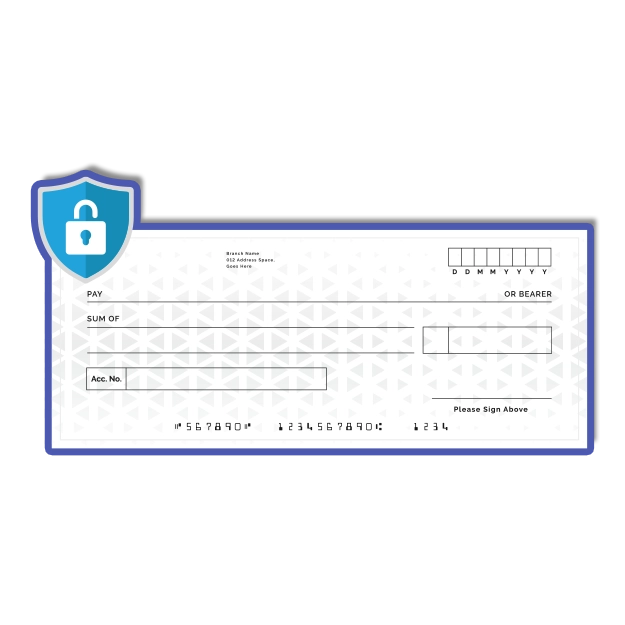<br />
A secure check design with a shield and padlock icon highlights security measures to stay ahead of check fraud.