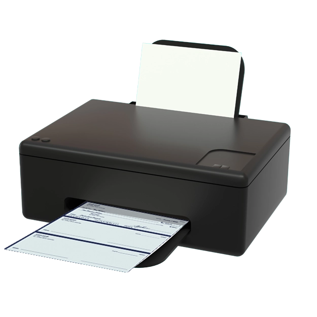 <br />
A black printer is shown with checks being printed, highlighting the efficiency to save on check printing.