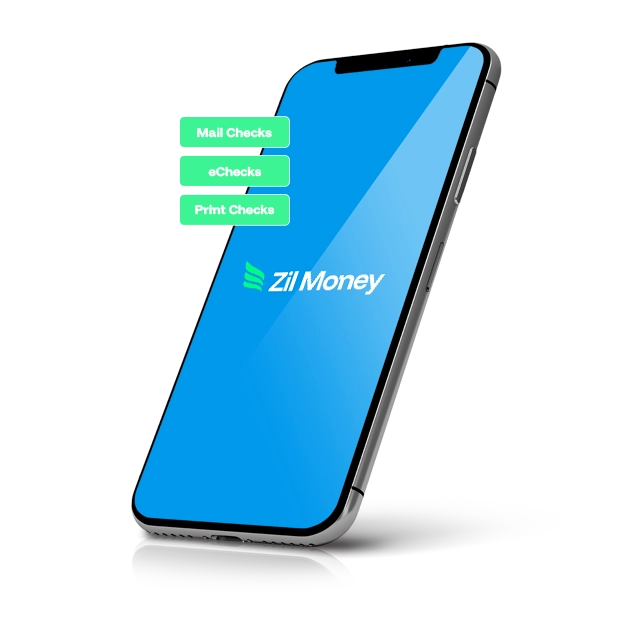 Three Ways to Pay, Your Choice with a Smartphone Screen Showing the Zil Money App and Three Green Buttons Labeled Mail Checks, eChecks, and Print Checks.