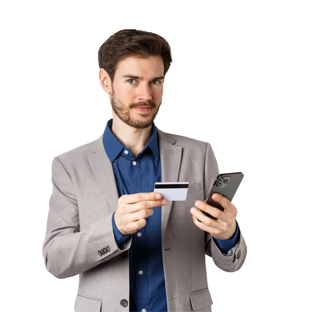 A man in a suit holds a credit card and phone, demonstrating the convenience and security to use your credit card freely.