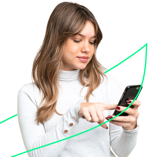 A woman using a smartphone with a rising green graph, suggesting efficient and Quick Invoice Management.