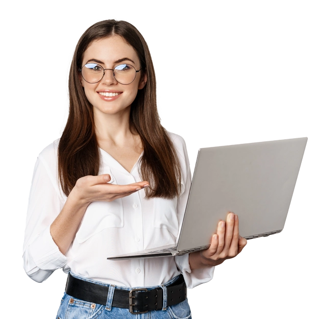A professional woman with glasses, holding a laptop and showcasing flexibility in business solutions.