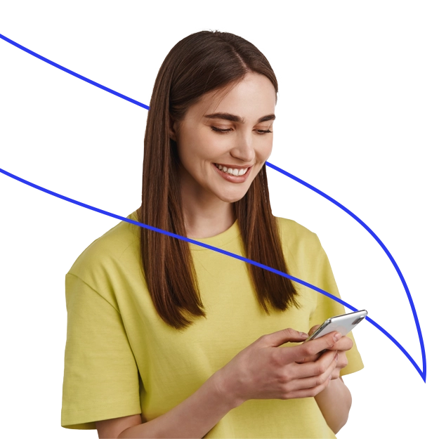 A woman smiles while using her smartphone, showcasing the ease of on-demand check printing.