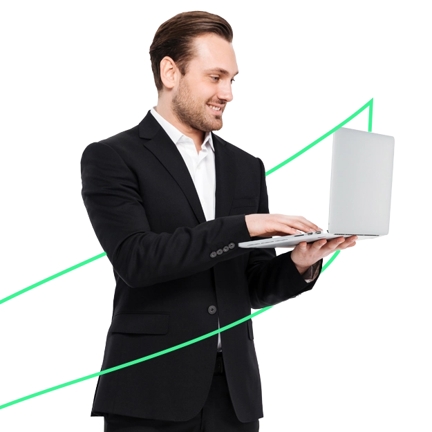A smiling professional man in a suit looks at a laptop, representing effortless bank reconciliation & security for business finances.