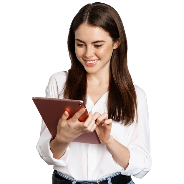 Smiling woman with tablet; print checks easily and Save Money & Reduce Fraud Risks.