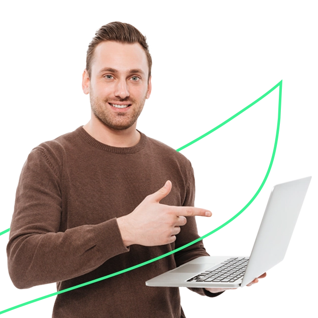 A person holding a laptop and pointing at the screen, emphasizing the importance of digital tools for security and savings. Save big and stay safe.