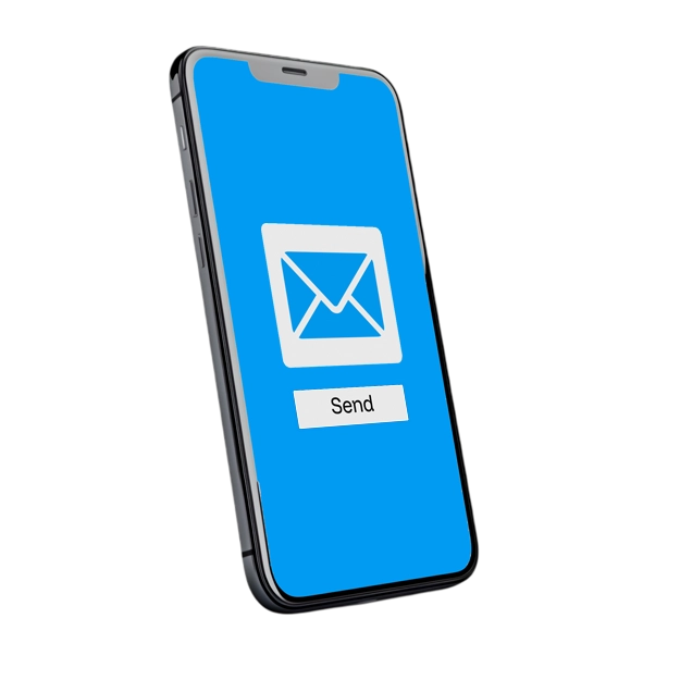 A mobile phone screen displaying a mail icon and a "Send" button, showcasing how users can easily mail checks or send eChecks via the platform.