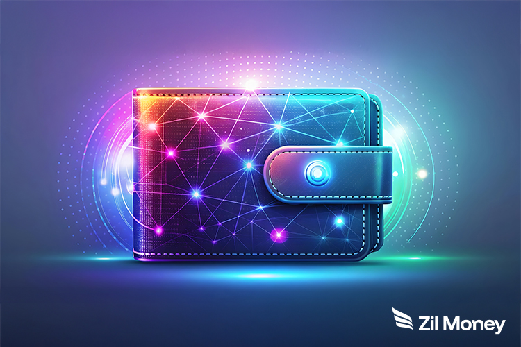 A digital wallet with a glowing network connecting various points, symbolizing secure and connected payments.