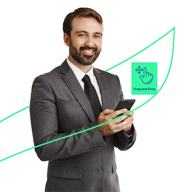 A smiling man in a suit holds a phone, with a graphic highlighting the convenience of a drag-and-drop feature.