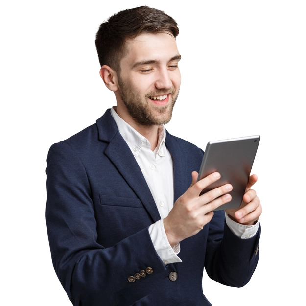 A Businessman Using A Tablet to Make Payments. Pay Fingercheck Payroll By Credit Card To Improve Cash Flow