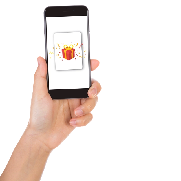 A hand holding a phone displaying a gift icon, highlighting More Rewards, Less Stress for smooth user benefits.