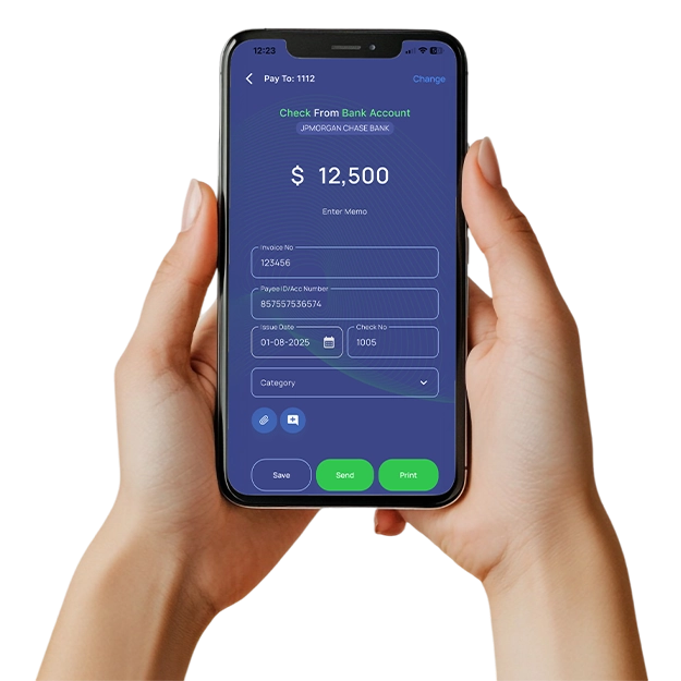 Hands hold a smartphone displaying an eCheck, showing how you can Send eChecks Instantly.