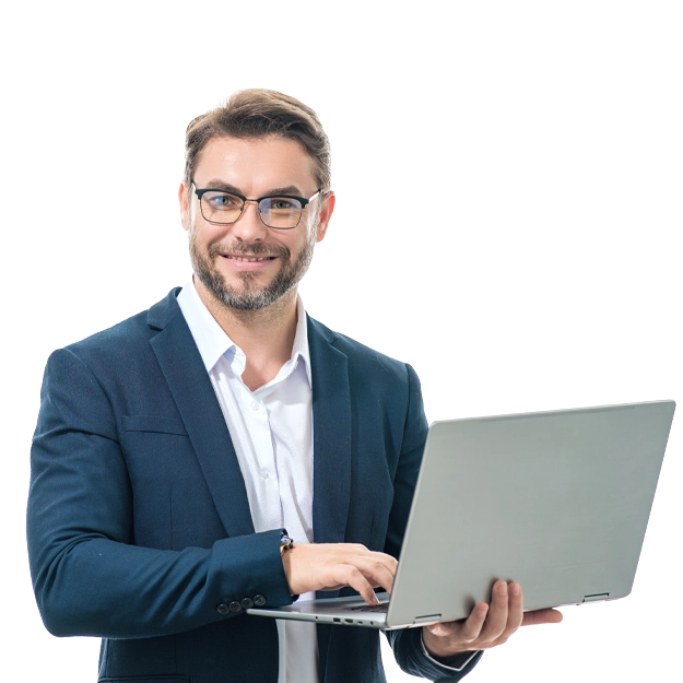 A smiling businessman using a laptop, highlighting Need Physical Checks? Print or Mail Them Easily! for convenience.