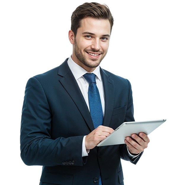 A young businessman smiles while holding a tablet, representing modern, efficient payment methods.