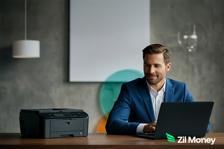 How Modern Payroll Checks Help Cut Operational Costs by 80% A man at a laptop beside a printer showing how Payroll Checks can be printed easily and securely.