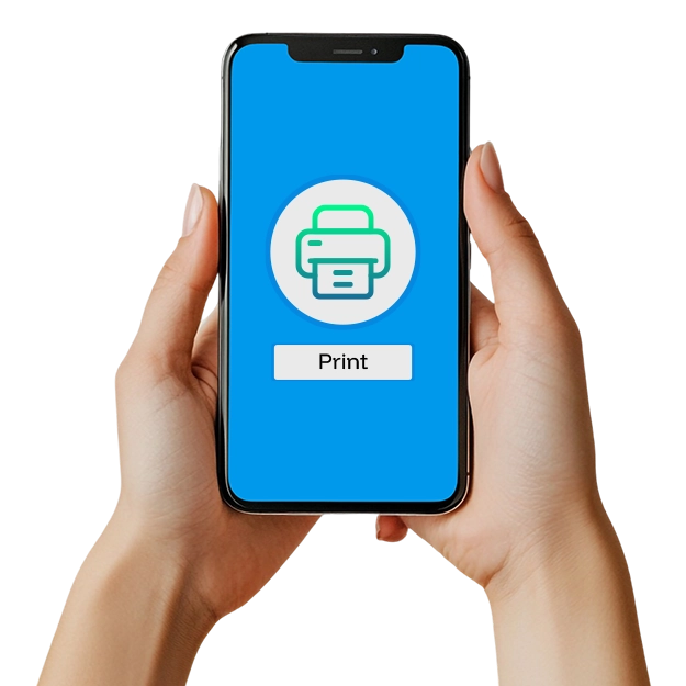 Hands hold a smartphone displaying a print icon, showing how easy it is to Print Paper Checks Online – Fast, Easy & Cost-Effective!
