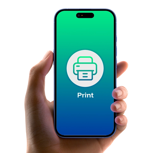 A hand holding a smartphone displaying a "Print" icon, emphasizing how to save money with blank stock paper for check printing.