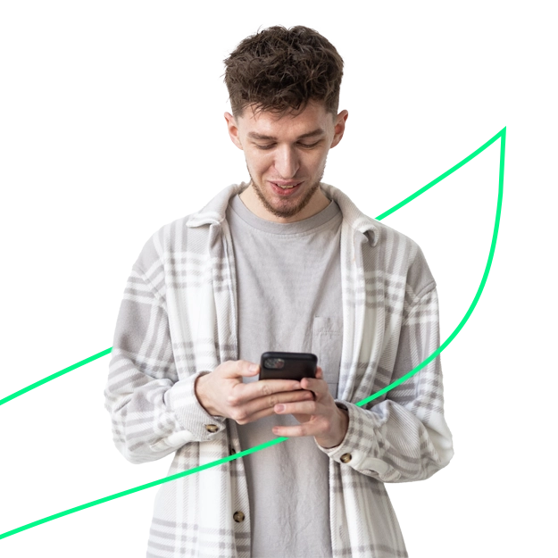  A man smiles while using his smartphone, showcasing quick and simple check customization for business efficiency.