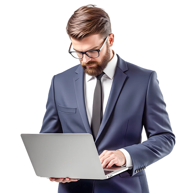  A focused man in a suit uses a laptop, representing a one-stop solution for easy transactions.