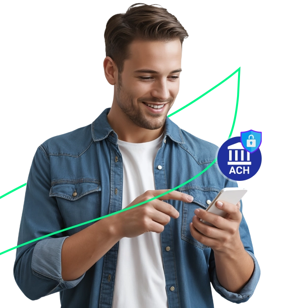  A man uses his phone for secure ACH payments for your business.