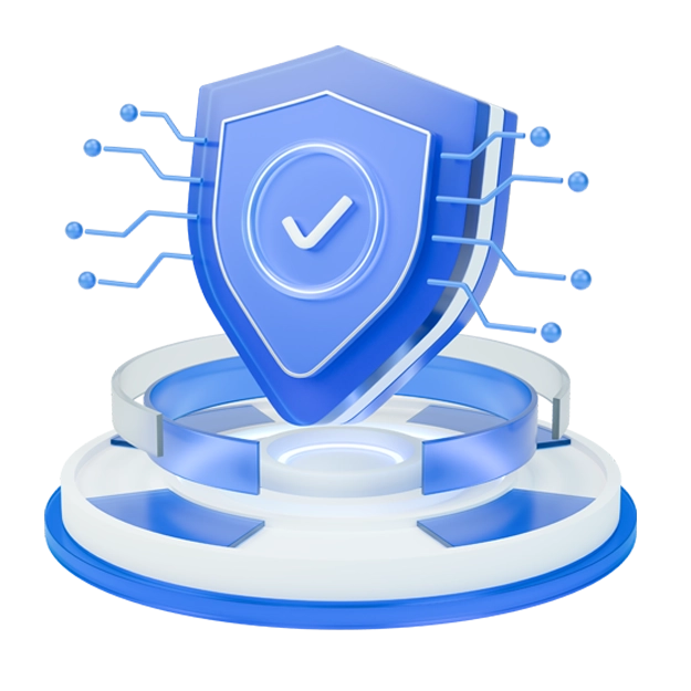 A glowing checkmark shield symbolizes secure transactions.
