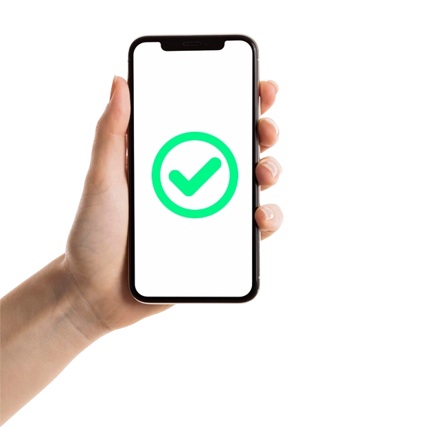 A hand holds a smartphone with a green check mark, symbolizing how Payment Links for Easy Transactions confirm quick payments.