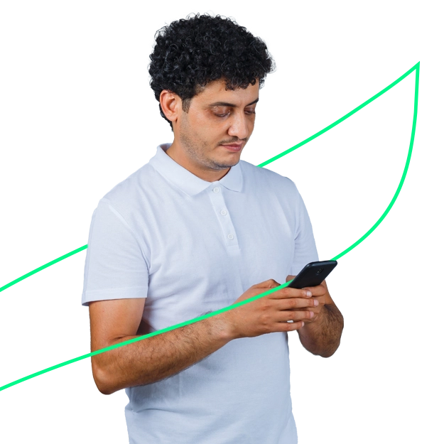 A man uses his phone, showing the choice between Pre-Printed vs. Blank Check Stock for more affordable and efficient check printing.