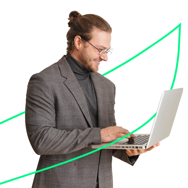 A man on a laptop with an arrow graph, representing the efficiency and growth gained when you Import Bills.