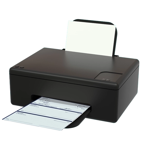 A printer is shown with a check being printed, representing the ability to import & print checks in minutes.