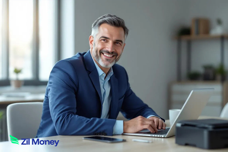 A Man Using A Laptop to Create Checks and Print Easily Instead of Ordering Wells Fargo Checks