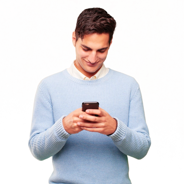 A person smiling while using a smartphone, reflecting the ease of managing financial tasks. Connect, reconcile, and protect your transactions seamlessly.