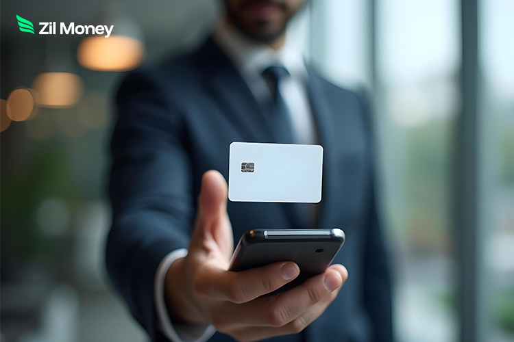 A Businessman Holding a Phone with Floating Virtual Cards, Showing Secure and Modern Payment Solutions.
