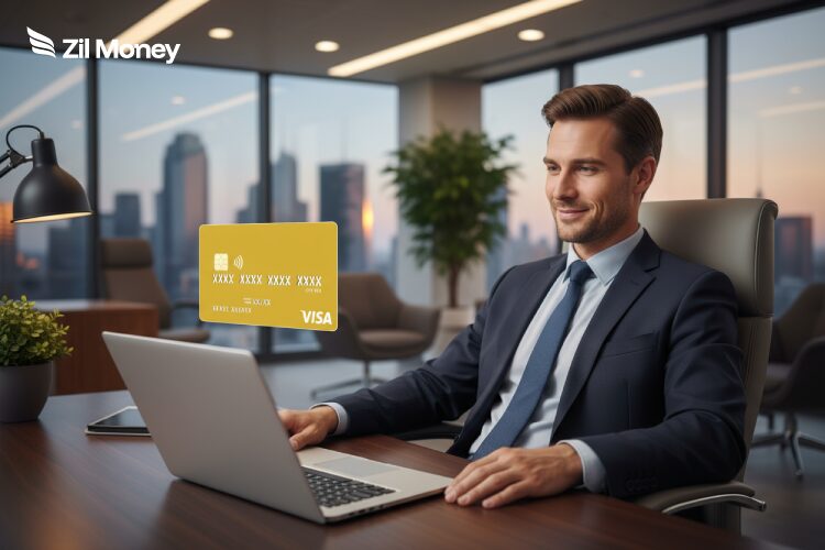 A businessman smiles while using a laptop with a floating gold virtual card, representing secure and convenient online payments.