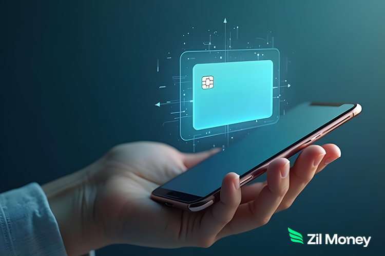 A hand holds a smartphone with a glowing virtual card hovering above it, symbolizing secure and efficient online payments.