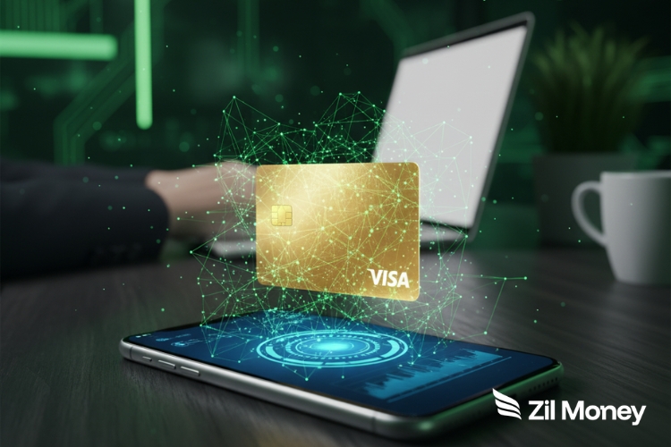 Digital visualization of a Virtual Card floating above a smartphone, connected by a glowing network to a laptop in the background, showing automated spending.