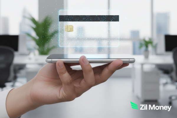 Hand holding a phone with a holographic Virtual Card floating above it in a modern office, symbolizing secure and digital business payments.