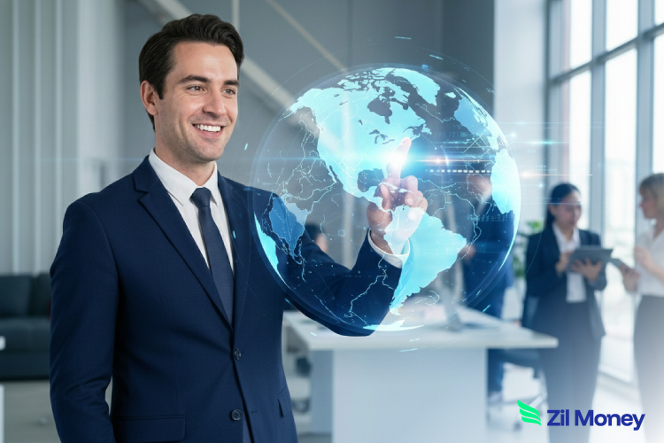 How International Payments with Cutting-Edge Features Unlock Exponential Growth Today A Man in a Suite Showing a World Map, How International Payments with Cutting-Edge Features Unlock Exponential Growth Today