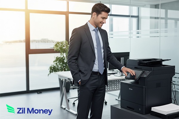 Why Businesses Don’t Need to Stress When Checks Run Out Unexpectedly A businessman uses a printer, representing a streamlined Costco Checks Alternative for efficient office management.