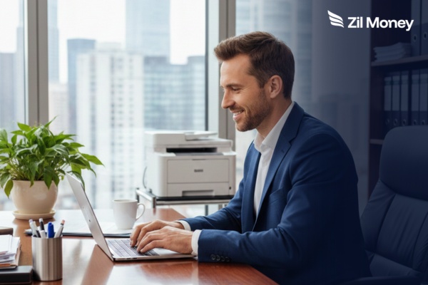 Businessman using laptop and printer to create Unlimited Checks in a modern office setting.