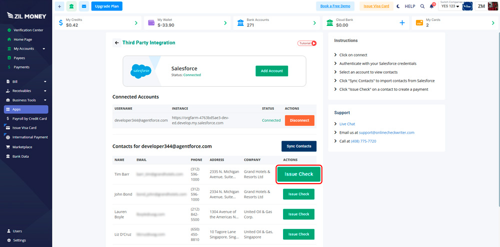 Click “Issue Check” to automatically create a payee and start the payment process.