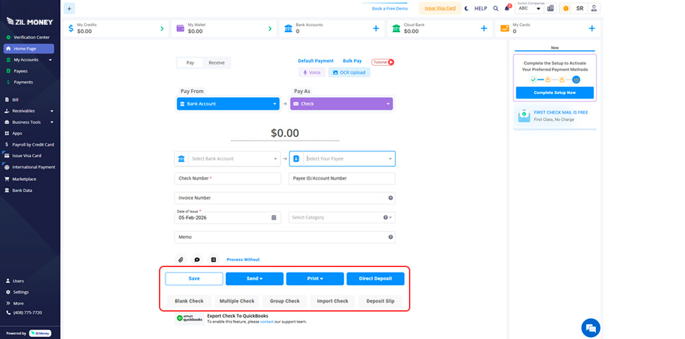Print checks yourself or let Zil Money mail them for you.