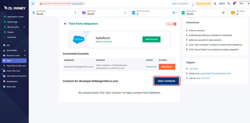 Import contacts from Salesforce directly into Zil Money with one click