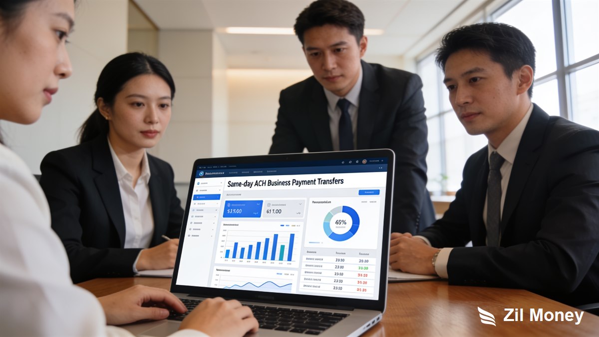 Same_Day_ACH_for_Business_Payment_Transfer_Zil_Money_v3 Finance team reviewing same day ACH for business payments on the Zil Money platform dashboard